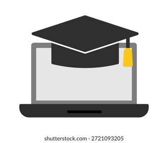 A laptop with a graduation cap representing online education and learning. The design is modern and minimalistic.