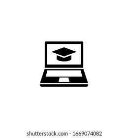 Laptop with a graduation cap vector icon in black solid flat design icon isolated on white background