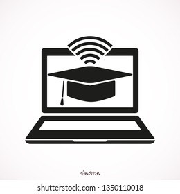 Laptop Graduation Cap WiFi Icon Vector. Wireless Connection Mobile Computing Education Illustration. E-Learning Logo. Online Web Courses Training Webinar Symbol. 