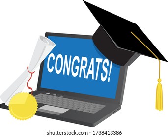 Laptop with a graduation hat and diploma, congratulating online graduates, EPS 8 vector illustration