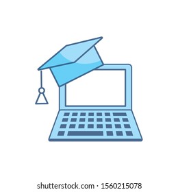 laptop graduation hat school education learning line and fill vector illustration