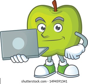 With laptop granny smith in a green apple character mascot