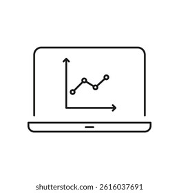 Laptop With Graph Line Icon. Data Analysis, Business Analytics, And Performance Tracking Outline Symbol. Financial Insights And Market Trends. Editable Stroke. Isolated Vector Illustration.