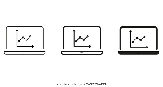 Laptop With Graph Line And Solid Icon Set. Data Analysis, Business Analytics, And Performance Tracking Symbol Collection. Financial Growth And Market Trends. Isolated Vector Illustration.
