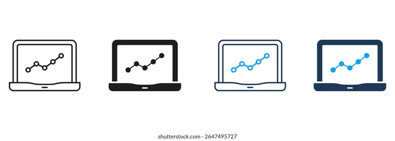 Laptop With Graph Line And Solid Icon Set. Data Analysis, Business Growth, And Performance Tracking Symbol Collection. Financial And Statistical Insights. Isolated Vector Illustration.