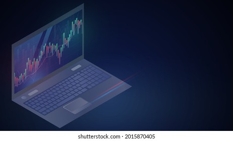 Laptop with a graph of the value of stocks on the screen, online trading