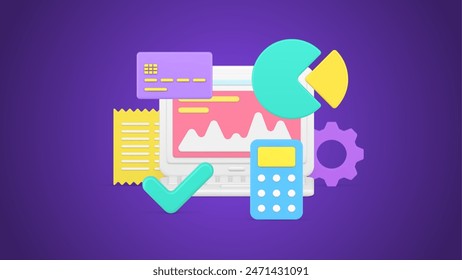 Laptop with graph wave investment profit salary budget wealth dynamic 3d icon isometric vector illustration. Online accountant with credit card, calculator, done check mark. Regular savings checking
