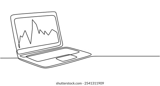 Laptop with graphic illustrated in a continuous one line drawing. Concept related to work and office. Hand-drawn minimalist design.