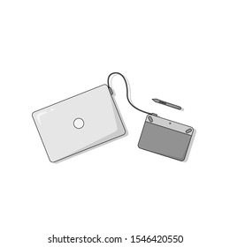 Laptop and graphic tablet vector illustration. Flat linear image of laptop , digital drawing tablet and pen-like stylus using for design and illustration job. Creative process, digital art concept.
