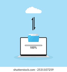 A laptop with a graphical representation of a folder, file sharing with cloud storage, marked 100% complete.