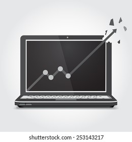 Laptop with graphics, the arrow splits the screen vector illustr