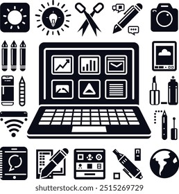 Laptop and Graphics tools icon set vector.