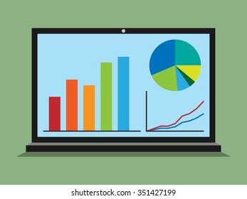 Laptop with graphs, diagrams, statistics on its screen with drop shadow on green background. Flat style. EPS 8 vector illustration, no transparency