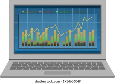 Laptop and graphs isolated vector illustration.