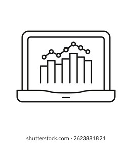 Laptop With Graphs Line Icon. Data Analysis, Business Analytics, And Performance Tracking Outline Symbol. Financial Insights And Market Trends. Editable Stroke. Isolated Vector Illustration.