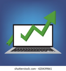 Laptop with green arrows tending arrow upwards on blue background. Vector illustration of stock trading business finance concept design.