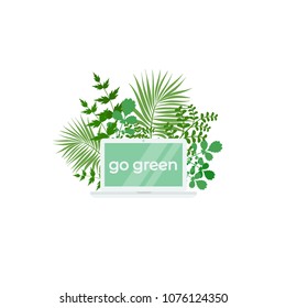 laptop with green branches and twigs and go green text. ecology use computer. notebook isolated on blue background. Eco friendly workplace. Vector illustration. Go green concept. Summer work.