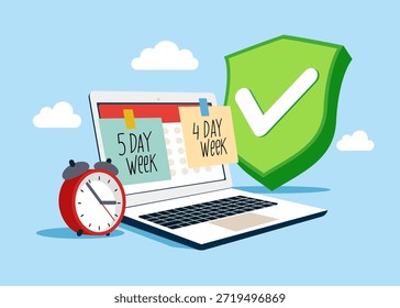 Portátil con marca de verificación verde. Semana laboral de 4 o 5 días. Decisión y elección. Hacer empresa 4 días de trabajo a la semana. Ilustración vectorial plana. 