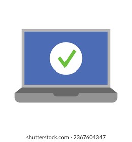 Laptop mit grünem Häkchen. Konzept für den Prozess der Systemaktualisierung oder Unterstützung der Datenschutzkontrolle. Genehmigte Zahlung oder Transaktion. Vektorgrafik