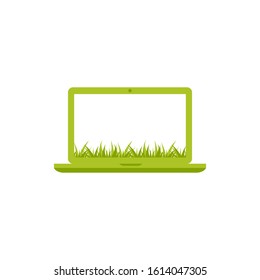 laptop with green grass. ecology use computer. notebook isolated on white background. Eco friendly workplace. Vector illustration. Go green concept. Summer work.
