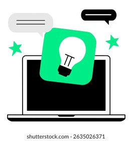 Laptop with green light bulb and chat symbols representing startup mindset, remote work and freelance creativity

