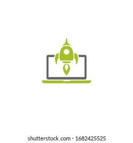 laptop with green rocket or shuttle flying out. workplace on white background. freelancer, designer, writer job. Vector flat illustration. Creative work or study. Imagination, inspiration. Start up.