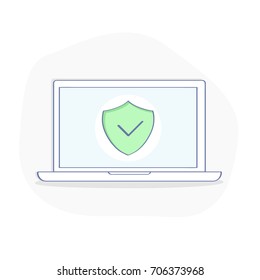 Portátil con escudo verde en la pantalla, concepto de seguridad, acceso personal, autorización de usuario, icono de formulario de inicio de sesión, protección de Internet. Concepto de ilustración de esquema plano.