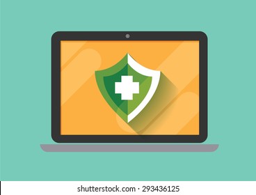 laptop and green shield protection on screen flat illustration icon vector