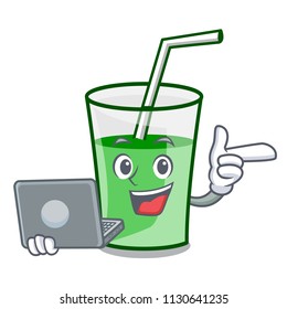 With laptop green smoothie character cartoon vector illustration