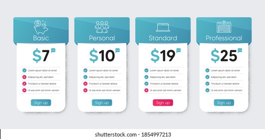 Laptop, Group and Bitcoin coin line icons set. Price table chart, business plan template. Parking garage sign. Mobile computer, Developers, Piggy bank. Automatic door. Technology set. Vector