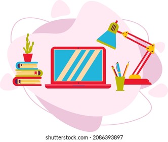 A laptop with a group of items on the table. A laptop on a wooden table with a lamp, books, a cactus.