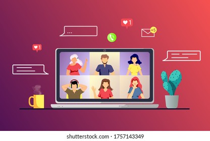 Laptop with group of people talking by internet. Video conferencin, Online meeting, Work at home, Distance learning, Communication concept. Vector illustration.