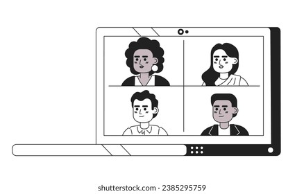 Laptop with group video call black and white 2D cartoon object. Online meeting with colleagues on notebook isolated vector outline item. Virtual meeting monochromatic flat spot illustration