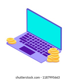 The laptop, growing arrow on the screen, bitcoins gold rain. Flat vector isometric illustration. The business success, winnig, profit, online banking, blockchain, cyber money, cryptocurrency concept.