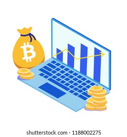 The laptop, growing arrow on the screen, bitcoins gold. Flat vector isometric illustration. The business success, winnig, profit, online banking, blockchain, cyber money, cryptocurrency concept.