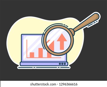 Laptop with growing graph on it, magnifying glass on screen.