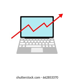 Laptop with a growth chart isolated on a white background. Red arrow up. Flat style. Vector illustration.