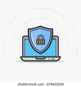 Laptop guard and protection concept. Shield and padlock sign. Opened notebook. Modern line style vector illustration. Laptop with web page, private information and protection sign. 