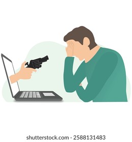 A laptop with a gun emerging from the screen, pointing towards a frightened man—symbolizing the threat of a cyber attack
