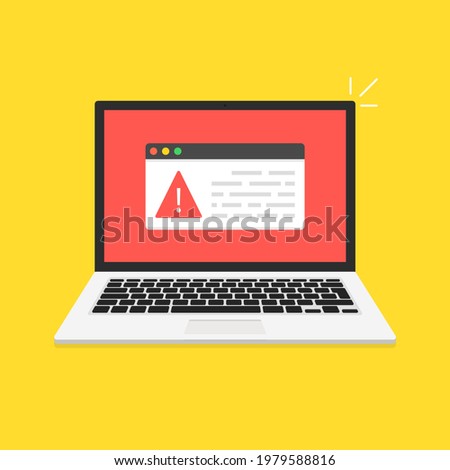 The laptop was hacked. Error message on computer screen. Concept of virus, piracy, hacking and security. Vector illustration.