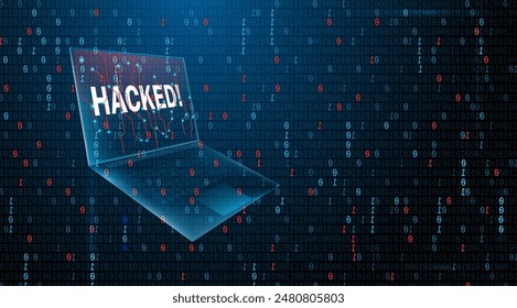 Laptop hacked and program binary code is protection background, for cybersecurity, network protection, hacking, scam, and phishing, 