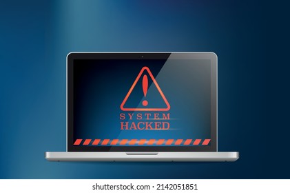laptop is hacked. Red attention sign on the computer screen. The concept of virus, piracy, hacking and security. Blue gradient background. Poster