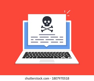 La laptop fue hackeada. Mensaje de cráneo en la pantalla del equipo. Concepto de virus, piratería, hackeo y seguridad. Ilustración vectorial.