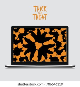 Laptop with Halloween Bats Illustration and Trick or Treat Text.