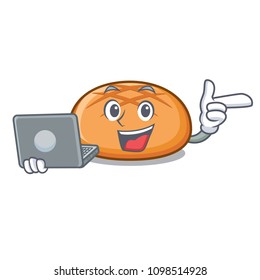 With laptop hamburger bun character cartoon