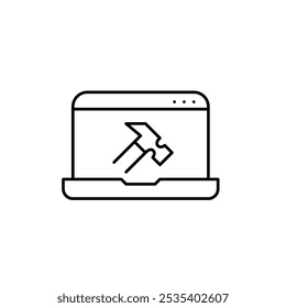 Laptop with hammer on it. Software development, and computer repair. Coding, engineering innovations. Pixel perfect, editable stroke icon