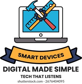 Un portátil con un martillo y una Regla. El portátil se titula Smart Devices Digital Made Simple
