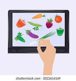 Laptop, hand chooses food on the screen - vegetables, bell pepper, eggplant, green peas, tomato - colorful vector illustration. Concept for online food ordering, grocery delivery.