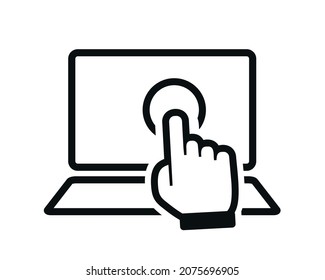 Laptop with hand, finger clicking. Push button, touchscreen. Illustration vector