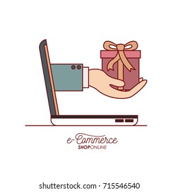 laptop with hand holding a gift side view e-commerce shop online on white background vector illustration